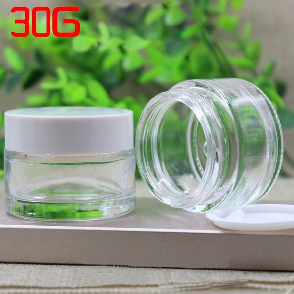 

50pcs 30g clear glass cream jars amber skin care cosmetic packaging with black and white plastic lid