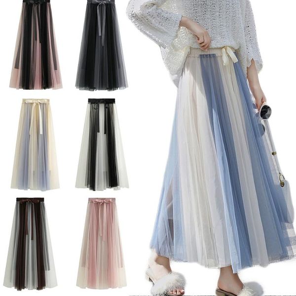

skirts spring autumn summer japan korean style girl bohemian patchwork tulle mid-calf skirt ladies high-waisted pleated, Black