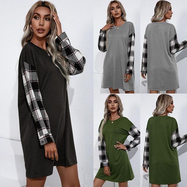 

casual dresses fashion o nenck lattice print patchwork long sleeve women's mini dress loose solid basic t shirts, Black;gray