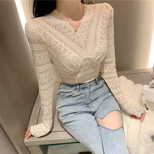 

women's blouses & shirts v-neck vintage women lace blouse short slim long-sleeved hollow out lady elegant pulls all match, White