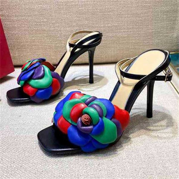 

sandals genuine leather high heel colorful flower decor thin front rear strap summer women shoes designer, Black