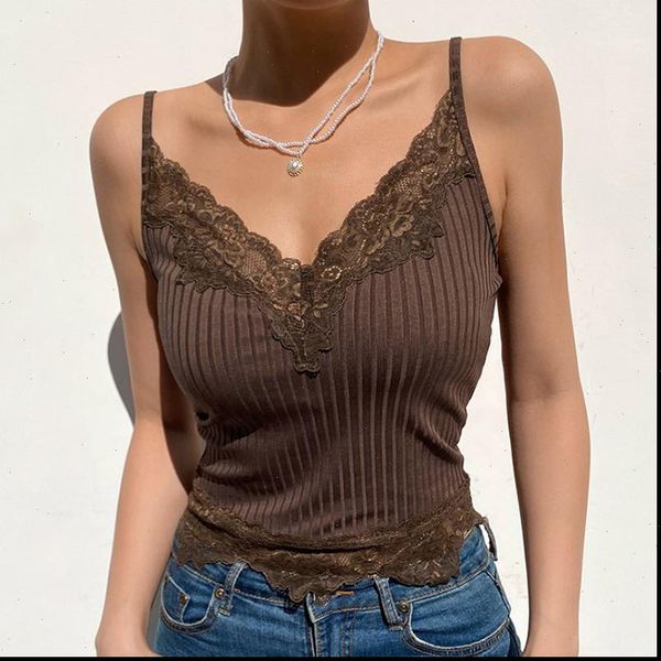 

brown lace trim ribbed women cami summer v neck vest vintage 90s y2k crop gobincore fairy grunge, White