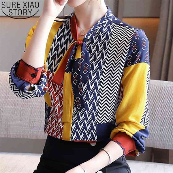 

fashion print blouses women bow silk shirts autumn long sleeve shirt harajuku blusas mujer de moda 10739 210506, White