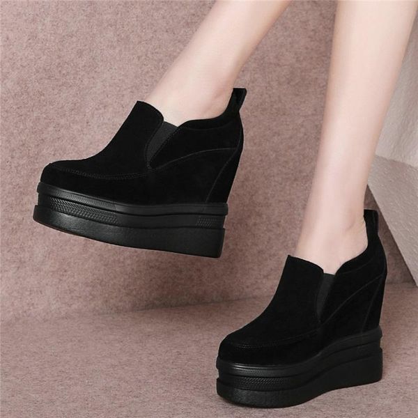 

boots casual shoes women slip on genuine leather wedges high heel ankle female round toe platform pumps fashion sneakers, Black