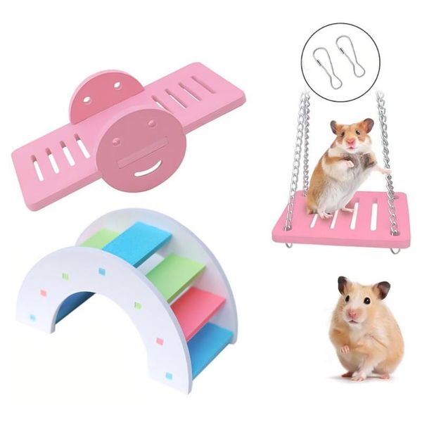 

small animal supplies 3pcs pet hamster toys arch bridge seesaw swing toy set wooden hammock cage accessories