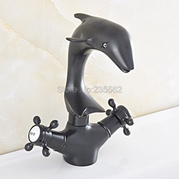 

black oil rubbed brass basin faucet dolphin shape 360 swivel bathroom dual cross handle vanity sink mixer taps lsf847 faucets
