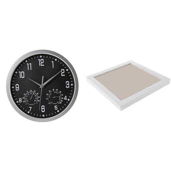 

square thick pine wood po frame wall picture (white,8 inch) & round vintage temperature humidity clock 2 clocks