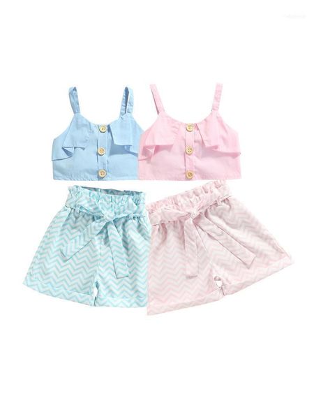 

clothing sets 3 pcs toddler summer outfits, girls solid color button camisole + irregular stripe print shorts belt 2-7t1, White