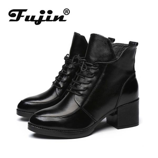 

boots fujin women winter genuine leather cow waterproof ankle fashion square heel bloack pumps plush warm snow lady, Black