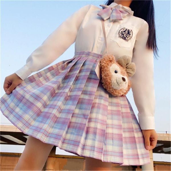 

japanese preppy style spring summer women skirt mini high waist pink purple pastel plaid lolita jk uniform with bow, Black