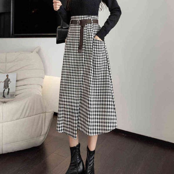 

casual dresses 2022 waistb is thin, pocket inserted large swing skirt, autumn winter wool plaid medium and long umbrella skirt, Black;gray