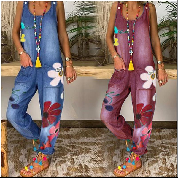

denim jumpsuit vrouwen zomer jarretel women jean grote losse en mouwloze wijde pijpen broek blauw dunne pocket, Blue