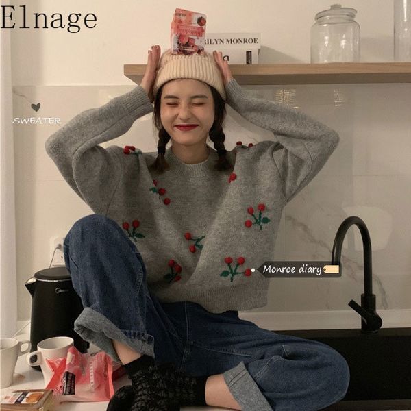 Винтаж o шеи жаккардовые вишневые пуловеры свитер сладкий корейский шик свободная осень вышивка аппликации вязаные свитера леди вершины 210429