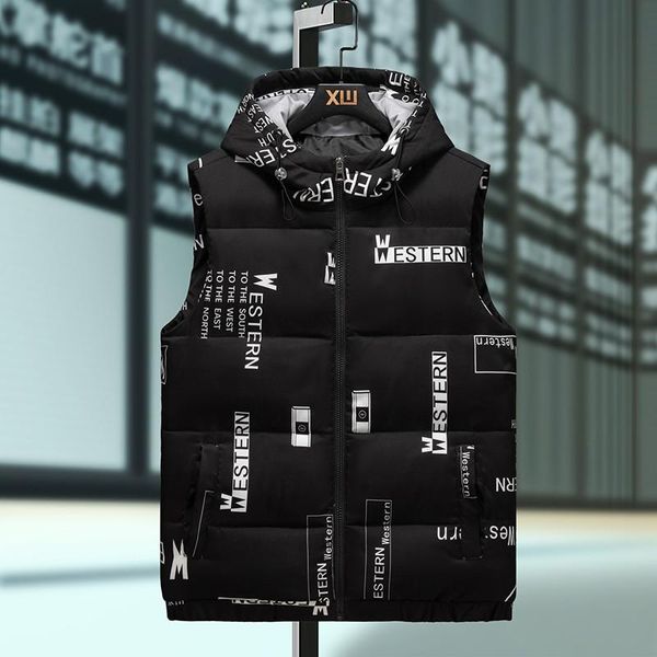 

men's vests autumn winter sleeveless jacket down cotton vest warm thick hooded coats padded waistcoat men, Black;white