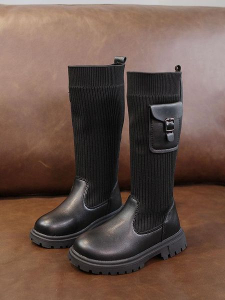 

child fashion boots black 2021 fall girls knee-high kint splicing kids spring autumn flat slip-on shoes size 27-37, Black;grey