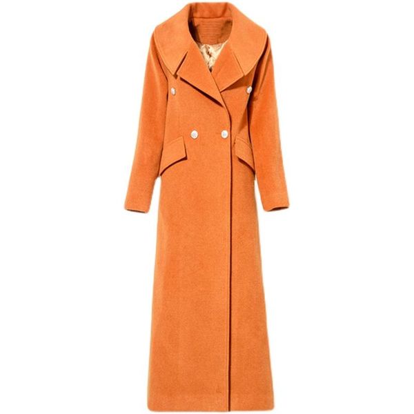 

women's wool & blends plus size 3xl fashion x-long double breasted woolen overcoat women big lapel thick blend coat, Black