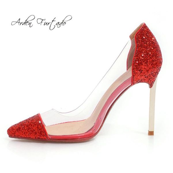 

dress shoes arden furtado 2021 spring summer stilettos gold red silver white pink wedding clear pvc sequined cloth pointed toe pumps, Black