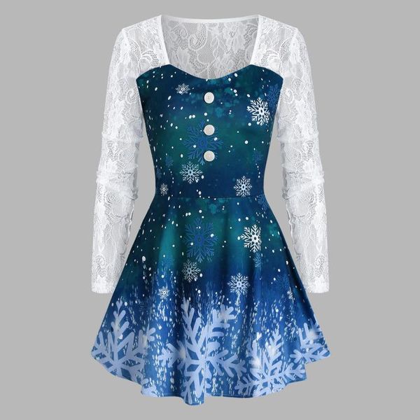 

casual dresses autumn women snowflake printed neck lace sleeve stitching button short party mesh mini dress festival clothing robe, Black;gray