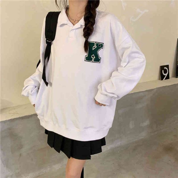 Houzhou vintage carta básica branco hoodies mulheres outono y2k streetwear estilo coreano escola escola casual botão botão pulôver