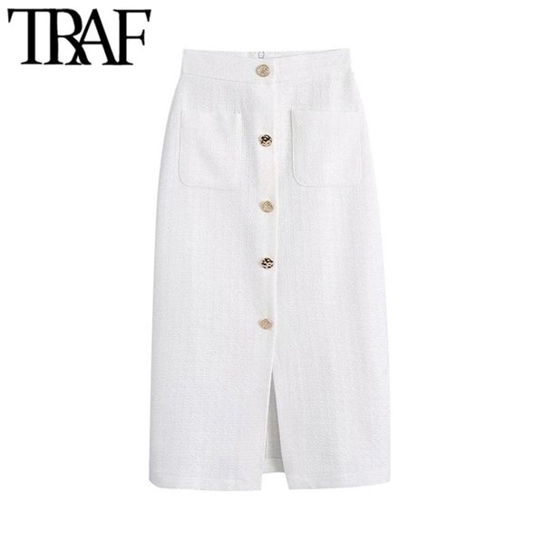 

traf women chic fashion with buttons front slit tweed midi skirt vintage high waist back zipper female skirts mujer 210619, Black