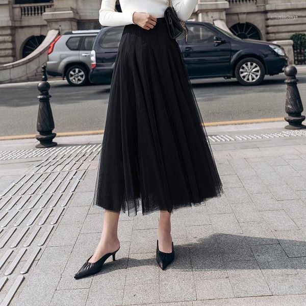 

skirts summer of 2021 multi-layer stitching pendulum mesh versatile pleated long skirt fairy1, Black