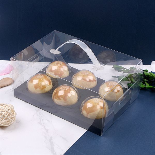 Scatola per imballaggio croccante di tuorlo d'uovo verde in plastica PET trasparente Confezione regalo per torta portatile 6 Scatole di carta rotonde con manico