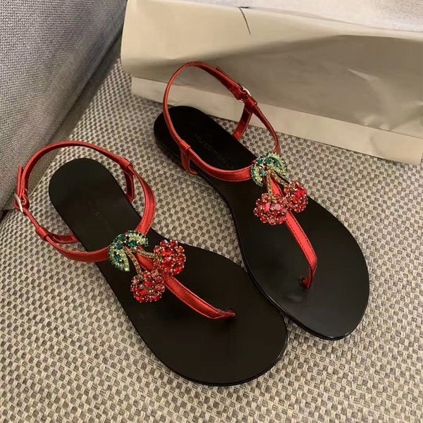 

slippers 2021summer open-toed cherry crystal diamond flat bottom wild fashion vacation beach slippers comfortable dress female san, Black