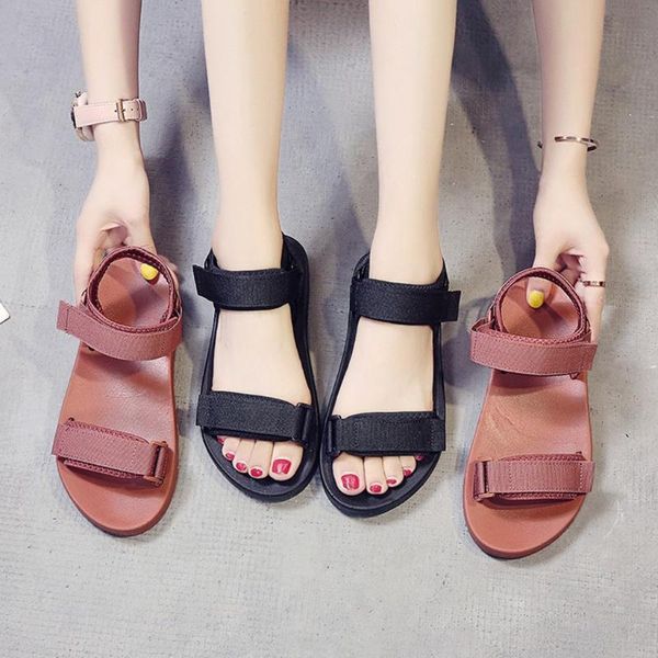 

womens summer sports sandals rubber flat bottom outdoor hiking solid color shoes beach non-slip magic sticker slippers, Black