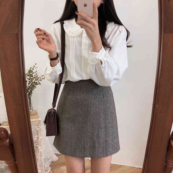 

above knee, mini package hip skirt women woolen skirt autumn winter vintage a-line high waist femininas 210423, Black