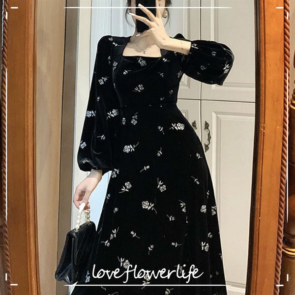 

floral vintage dress women french elegant retro evening black party dress female long sleeve dress korean autumn 210521, Black;gray