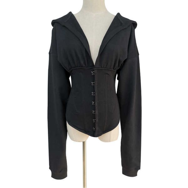 

fashion fleece hoodies thai brand 2021 spring style foreign slim hooded long sleeve waist black v-neck casual sweater women's
