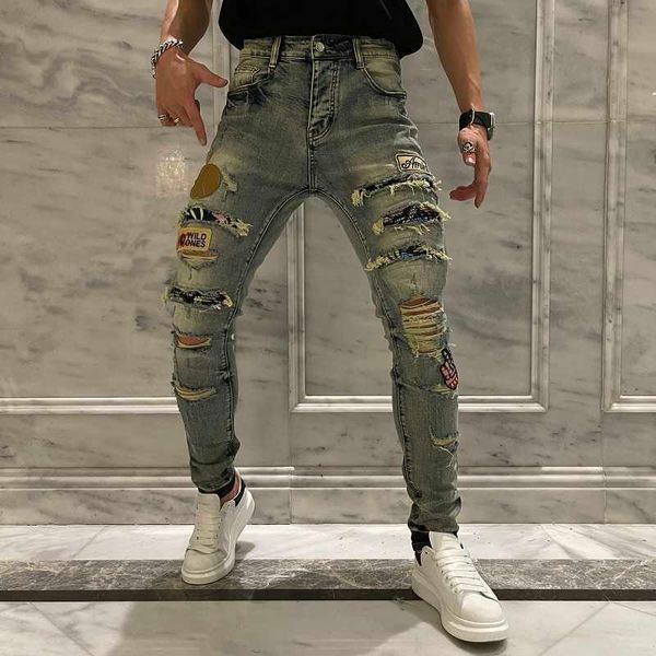 

men's jeans new high street tide brand heavy industry embroidery badge big hole damage jeans men's slim fit leggings beggar pants, Blue