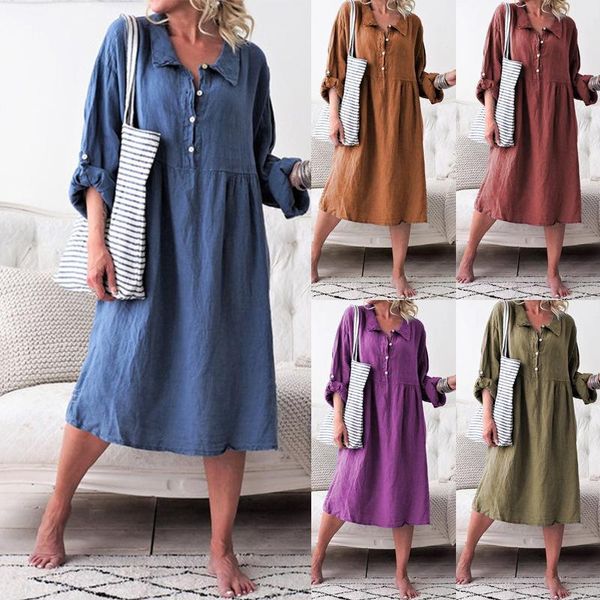 

women's loose button mid-calf dress long sleeve turn-down collar khaki purple army green brick red blue casual dresses, Black;gray