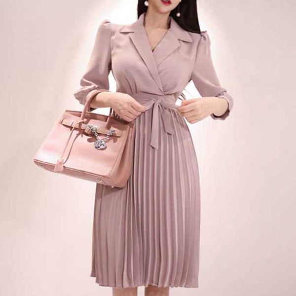 

casual dresses women dress 2021 autumn notched neck pleated draped lace up bow a-line ol elegant work wear business vestidos, Black;gray