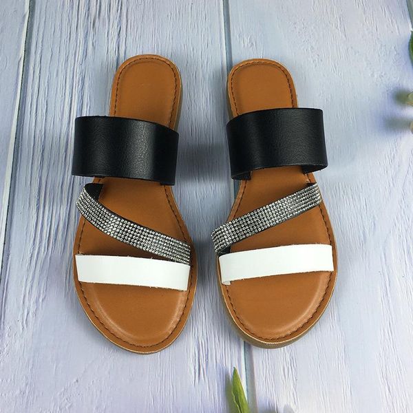 

slippers 2021 summer flat women shoes with rhinestones outdoor female slides comfortable beach flip flops plus size, Black