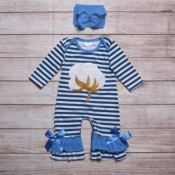 Le ragazze di estate vestono la manica lunga a strisce blu che tinge intorno al modello di ricamo del cotone bianco Bow Toddler Baby Pagliaccetto 211011