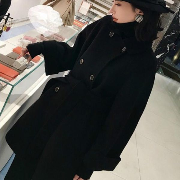 

women's wool & blends spring and autumn korean style loose mid-length small woolen coat with lace fashion waist black women trend