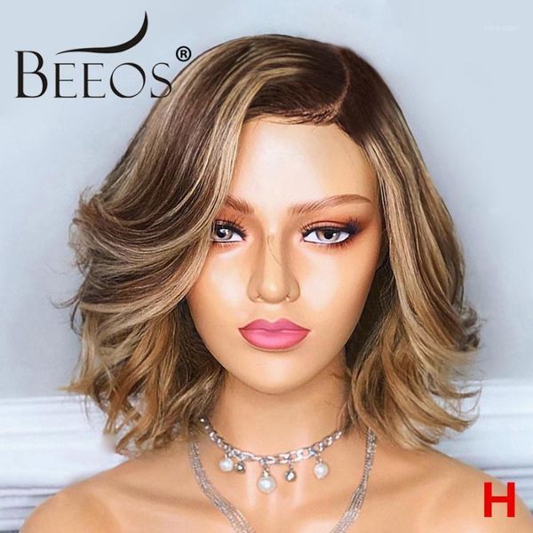 

beeos 150% 13*6 deep part lace front human hair wig wavy wave bob highlight colored pre plucked brazilian remy 8"-161, Black;brown