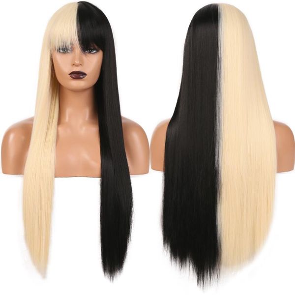 

synthetic wigs two tone color with bang glueless straight machine made cosplay wig high temperature, Black