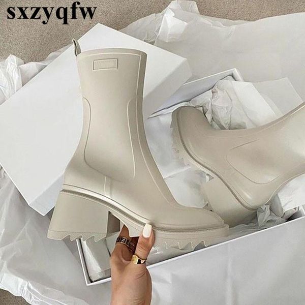 

boots 2021 brand women rain chunky heel pvc rubber ladies walking shoes waterproof ankle thick bottom short, Black