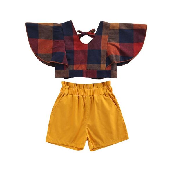 

clothing sets 1-6y summer fashion baby girls clothes ruffles short sleeve plaid printed t shirts solid shorts, White
