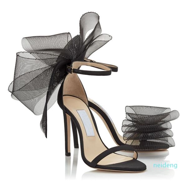 

2022 Sandals Sexy Women High Heels Mesh Bows Ankle Strap Gladiator Sandalias Exquisite Stiletto-heel Wedding Party Eve