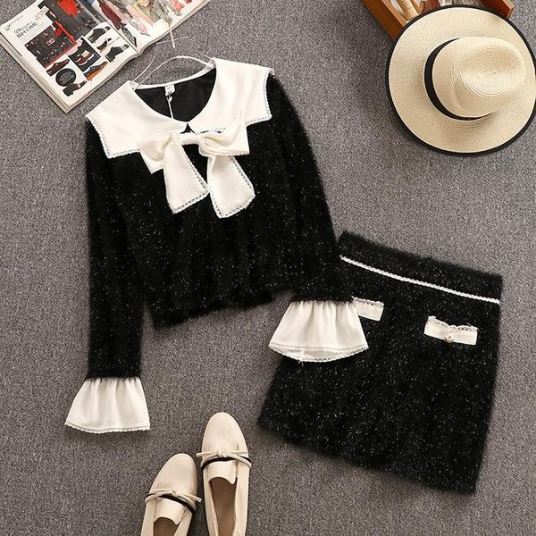 

two piece dress plush bow + skirt spring 2021 fashion suit two-piece women, White