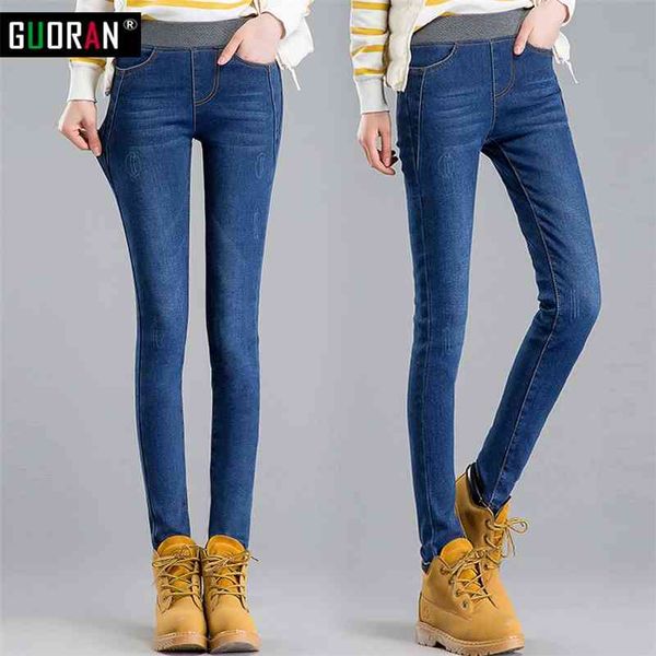 

skinny jeans female denim pants casual trousers thick warm slim pencil pants velvet stretch high waist jeans women winter 210519, Blue