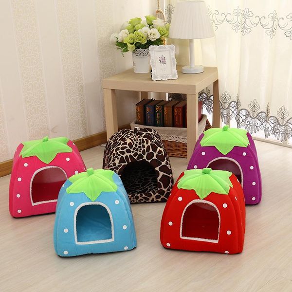 

cat beds & furniture 2021 pet dog house kennel tent fashion cute strawberry puppy winter warm bed cave nest for accessories