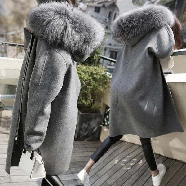 

women's wool & blends fashion loose zipper ladies long coat winter warm full-sleeve hooded women, Black