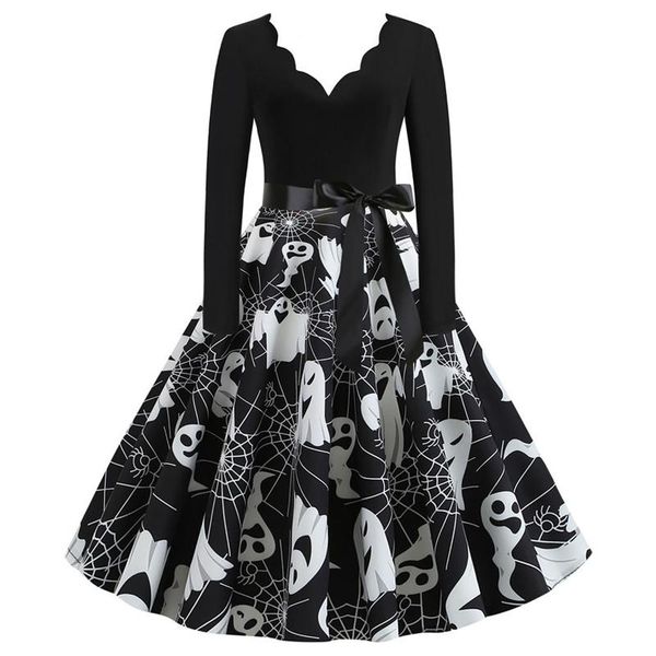 

casual dresses funny pumpkin halloween womens dress long sleeve mid length princess ladies costume festival party vintage 50s 60s robe, Black;gray