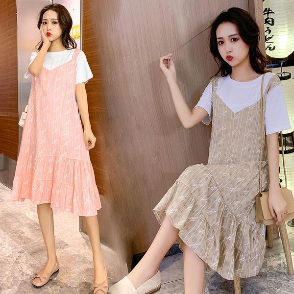 

maternity dresses 2808# dress summer cotton o neck false two-piece for pregnant women mom, White