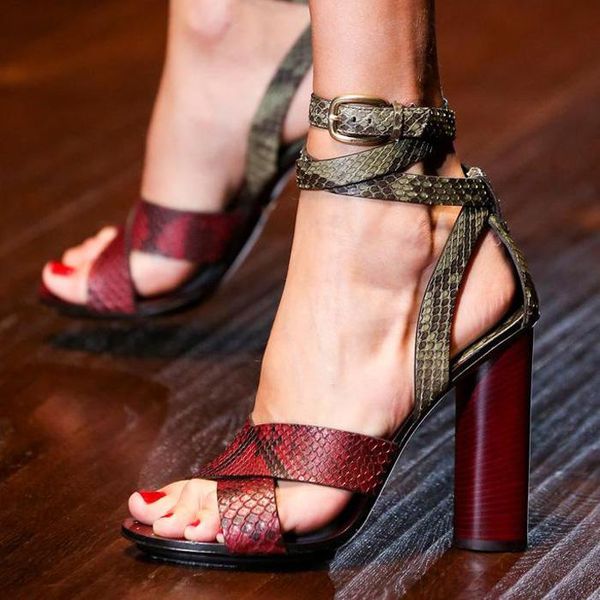 

fashion high heel snakeskin sandals super square heels ankle strap cutouts women runway catwalk red blue gold shoes, Black