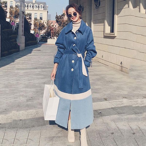 

women's wool & blends woolen coat winter blue splicing korean fashion temperament long ladies cloak loose casual quality lined jacket f, Black